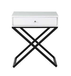 English Elm Koda Mixed Material Nightstand with Tempered Glass Top Drawer and Black Metal Cross Base White B06177987