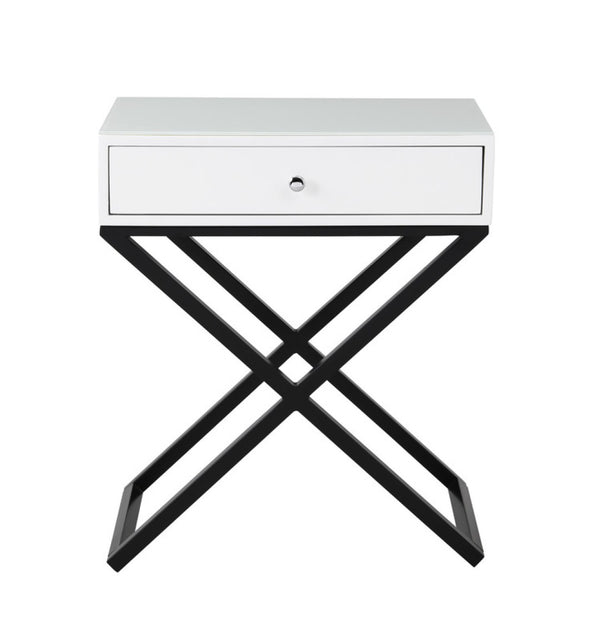 English Elm Koda Mixed Material Nightstand with Tempered Glass Top Drawer and Black Metal Cross Base White B06177987
