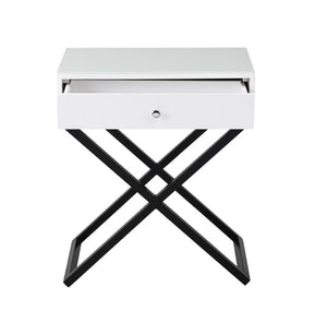 English Elm Koda Mixed Material Nightstand with Tempered Glass Top Drawer and Black Metal Cross Base White B06177987