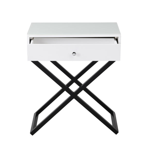 English Elm Koda Mixed Material Nightstand with Tempered Glass Top Drawer and Black Metal Cross Base White B06177987