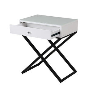 English Elm Koda Mixed Material Nightstand with Tempered Glass Top Drawer and Black Metal Cross Base White B06177987
