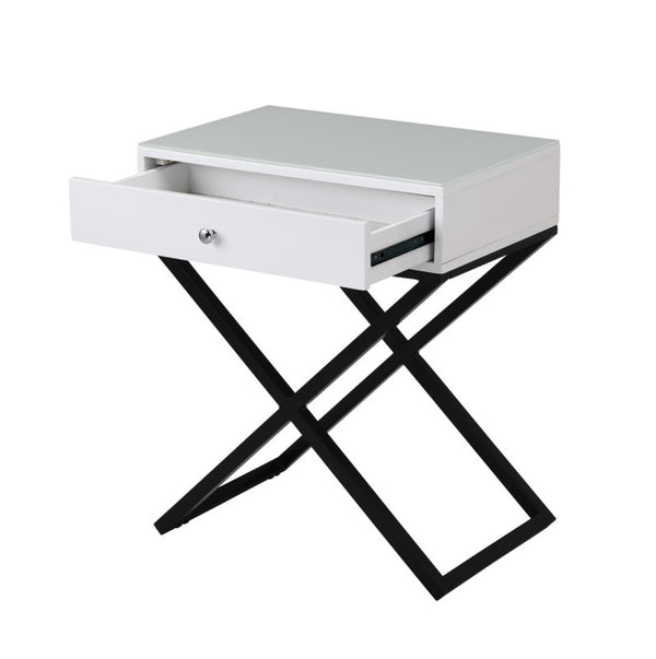 English Elm Koda Mixed Material Nightstand with Tempered Glass Top Drawer and Black Metal Cross Base White B06177987