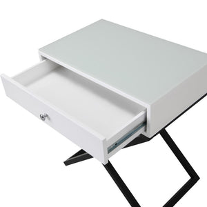 English Elm Koda Mixed Material Nightstand with Tempered Glass Top Drawer and Black Metal Cross Base White B06177987
