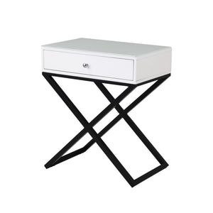 English Elm Koda Mixed Material Nightstand with Tempered Glass Top Drawer and Black Metal Cross Base White B06177987