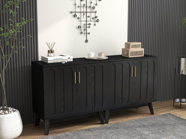 English Elm Mid Century Modern Fluted Sideboard Cabinet with Adjustable Shelves, Solid Wood Legs, Walnut Finish Elegant Storage for Living Room, Entryway W1801P272511