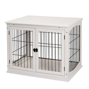 English Elm Pawhut White Dog Crate End Table with Arched Wire Windows and Dual Lockable Doors W2225P229155