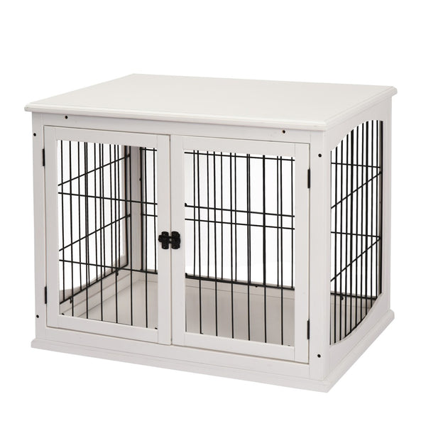English Elm Pawhut White Dog Crate End Table with Arched Wire Windows and Dual Lockable Doors W2225P229155