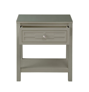 English Elm Dylan Taupe End Table with Tempered Glass Top Open Shelf and Groove Drawer Detail B06177992