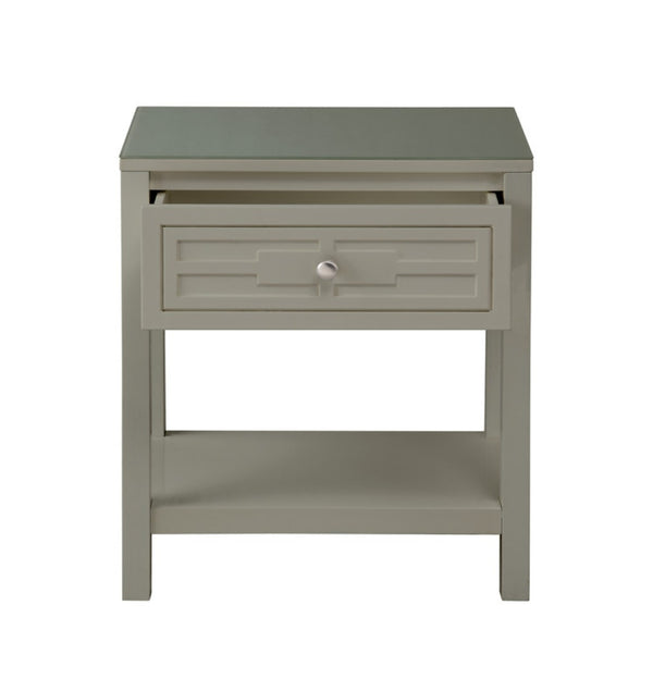 English Elm Dylan Taupe End Table with Tempered Glass Top Open Shelf and Groove Drawer Detail B06177992