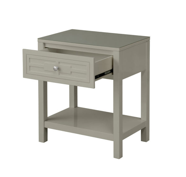 English Elm Dylan Taupe End Table with Tempered Glass Top Open Shelf and Groove Drawer Detail B06177992