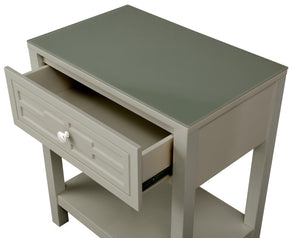 English Elm Dylan Taupe End Table with Tempered Glass Top Open Shelf and Groove Drawer Detail B06177992
