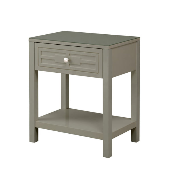 English Elm Dylan Taupe End Table with Tempered Glass Top Open Shelf and Groove Drawer Detail B06177992