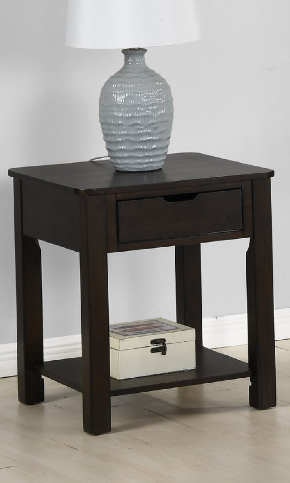 English Elm Flora Dark Brown Mdf End Table with Drawer and Open Shelf for Modern Living B06178596