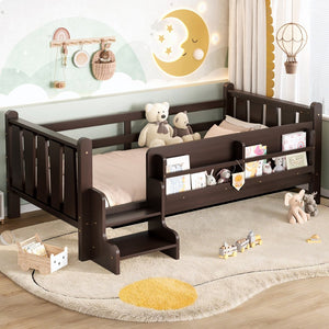 English Elm Twin Pine Floor Bed for Kids with Side Bookcases Built-in Stairs and Safety Guardrails Espresso W1580P390217