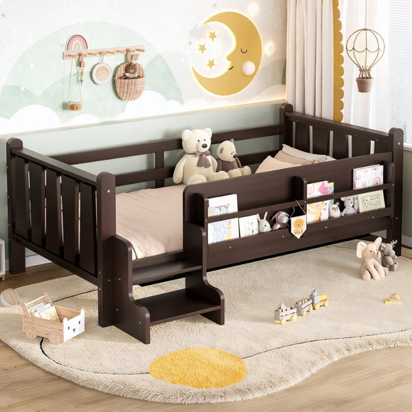 English Elm Twin Pine Floor Bed for Kids with Side Bookcases Built-in Stairs and Safety Guardrails Espresso W1580P390217