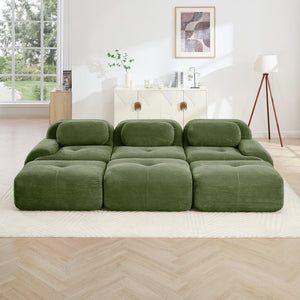 English Elm Three-seat Modular Corduroy Sectional Sofa with Ottomans for Living and Media Rooms Olive Green W714S01260