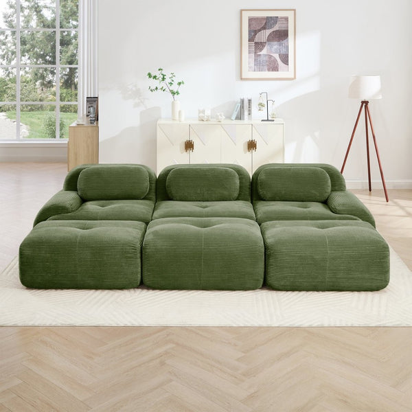 English Elm Three-seat Modular Corduroy Sectional Sofa with Ottomans for Living and Media Rooms Olive Green W714S01260
