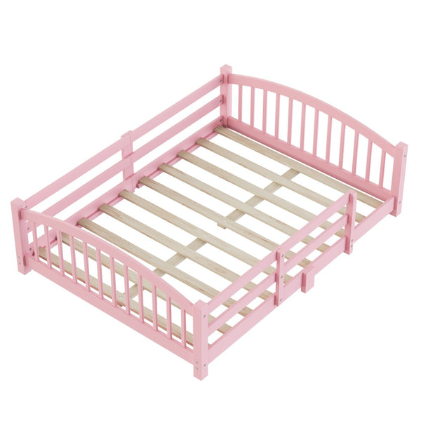 English Elm Full Montessori Pine Wood Floor Bed with Safety Rails Low Profile Kids Room Frame Pink N733P400299H