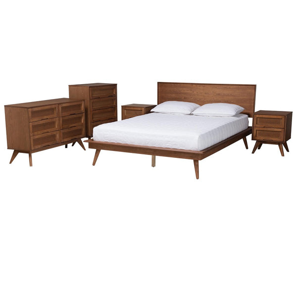 Baxton Studio Baxton Studio Mid-Century Modern Bedroom Set with Walnut Finish, Rattan Accents & Ample Storage Melora Queen 5-Piece MG0004-Ash Walnut-Queen 5PC Bedroom Set