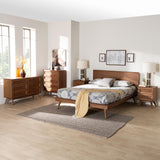 Baxton Studio Melora Mid-Century Modern Walnut Brown Finished Wood and Rattan Full Size 5-Piece Bedroom Set
