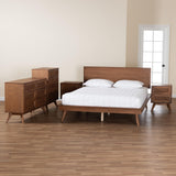 Baxton Studio Melora Mid-Century Modern Walnut Brown Finished Wood and Rattan King Size 5-Piece Bedroom Set