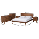 Baxton Studio Melora Mid-Century Modern Walnut Brown Finished Wood and Rattan Queen Size 5-Piece Bedroom Set