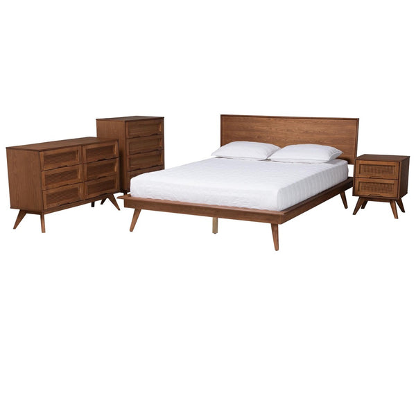 Baxton Studio Baxton Studio Mid-Century Modern Walnut Brown Wood and Rattan Bedroom Set for Stylish Sleep Spaces Melora King MG0004-Ash Walnut-King 4PC Bedroom Set