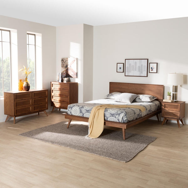 Baxton Studio Baxton Studio Mid-Century Modern Walnut Brown Wood and Rattan Bedroom Set for Stylish Sleep Spaces Melora King MG0004-Ash Walnut-King 4PC Bedroom Set