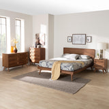 Baxton Studio Melora Mid-Century Modern Walnut Brown Finished Wood and Rattan Full Size 4-Piece Bedroom Set