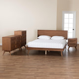 Baxton Studio Melora Mid-Century Modern Walnut Brown Finished Wood and Rattan Full Size 4-Piece Bedroom Set