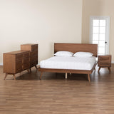 Baxton Studio Melora Mid-Century Modern Walnut Brown Finished Wood and Rattan Queen Size 4-Piece Bedroom Set