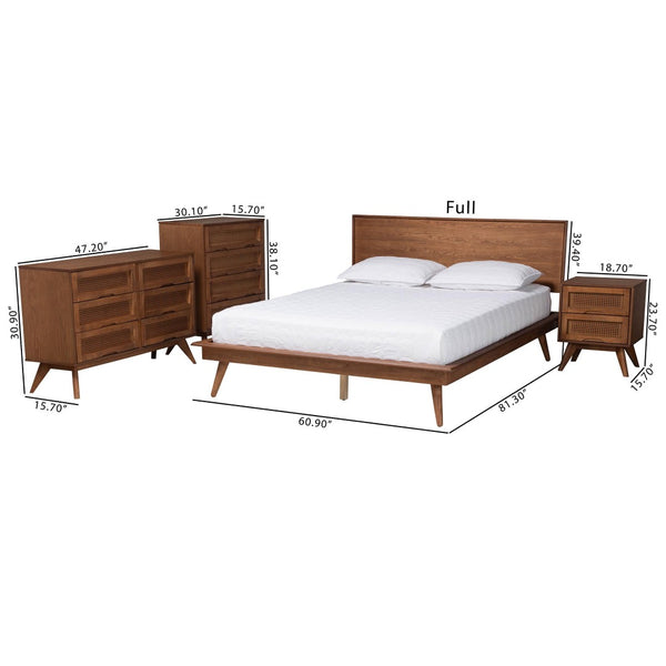 Baxton Studio Baxton Studio Mid-Century Modern Walnut Brown Wood and Rattan Bedroom Set for Stylish Sleep Spaces Melora Full 4-Piece MG0004-Ash Walnut-Full 4PC Bedroom Set