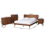 Baxton Studio Melora Mid-Century Modern Walnut Brown Finished Wood and Rattan Queen Size 4-Piece Bedroom Set