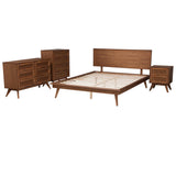 Baxton Studio Melora Mid-Century Modern Walnut Brown Finished Wood and Rattan Queen Size 4-Piece Bedroom Set