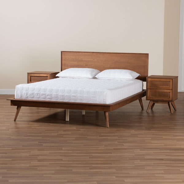 Baxton Studio Baxton Studio Mid-Century Modern Walnut Brown Wood and Rattan Bedroom Set for Stylish Sleep Spaces Melora King 3-Piece MG0004-Ash Walnut-King 3PC Bedroom Set