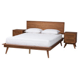 Baxton Studio Melora Mid-Century Modern Walnut Brown Finished Wood and Rattan King Size 3-Piece Bedroom Set