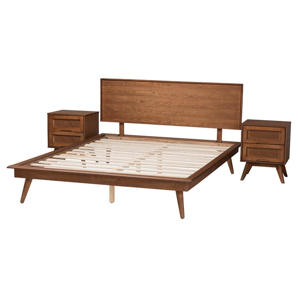 Baxton Studio Baxton Studio Mid-Century Modern Walnut Brown Wood and Rattan Bedroom Set for Stylish Sleep Spaces Melora King 3-Piece MG0004-Ash Walnut-King 3PC Bedroom Set