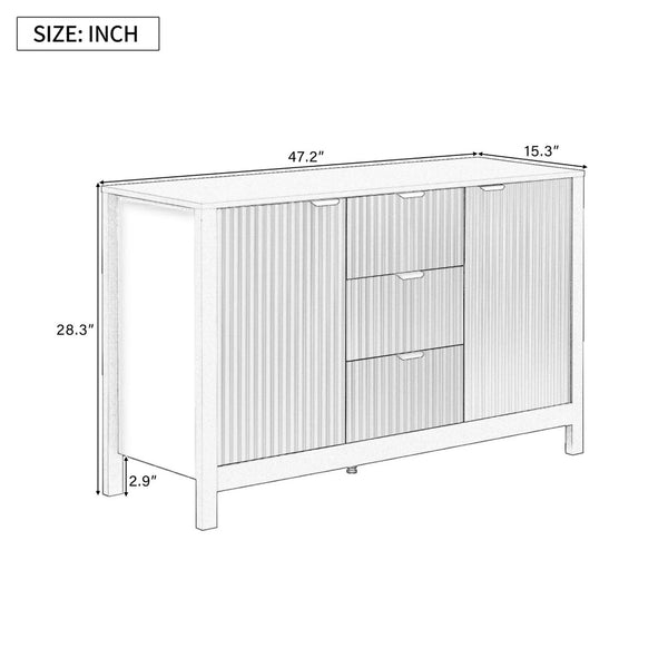 English Elm U_Style Modern Wave-Front Sideboard - 3 Adjustable Shelves & Soft-Close Drawers For Stylish Storage N711P269066B-GIGA
