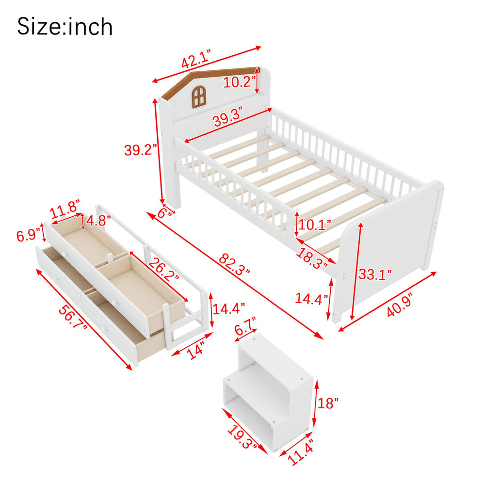 English Elm Low Twin Loft Bed with House-Style Headboard and Built-In LED Lights for Modern Kids' Rooms White 42.91 L x 28.35 W x 6.69 H W2593S00006