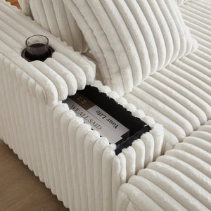 English Elm 84Inch Corduroy sofa with deep seats, 3 back pillows, 2 toss pillows, ottomans, cup grooves, storage Beige W834S00357