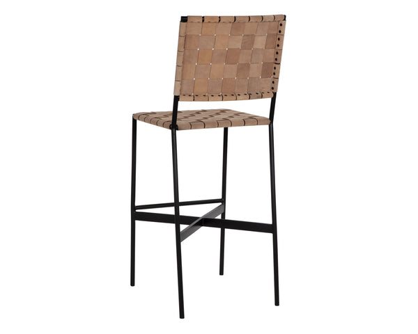 Sunpan Omari Elevated Bar Stool - Handcrafted Black Leather Weaved Seat with Stylish Iron Frame Design Suede Light Tan Leather