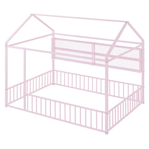 English Elm Full Metal House Bed Frame Full Size with Built-In Fence and 4 Grid Shelves for Durable Storage and Style Pink N737P175361H