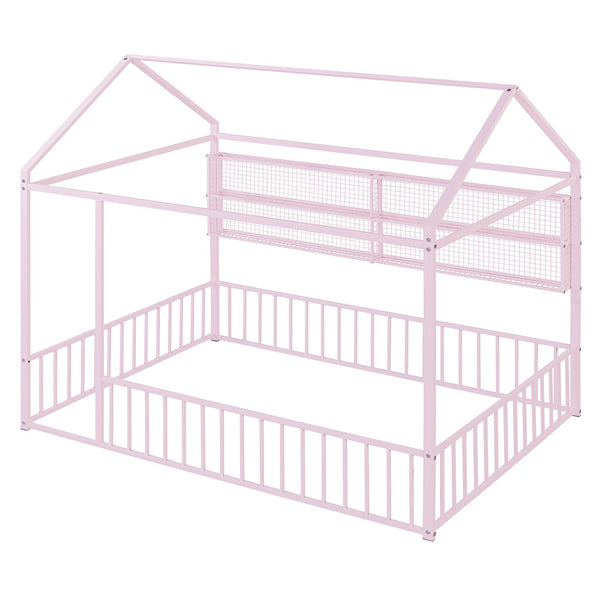 English Elm Full Metal House Bed Frame Full Size with Built-In Fence and 4 Grid Shelves for Durable Storage and Style Pink N737P175361H