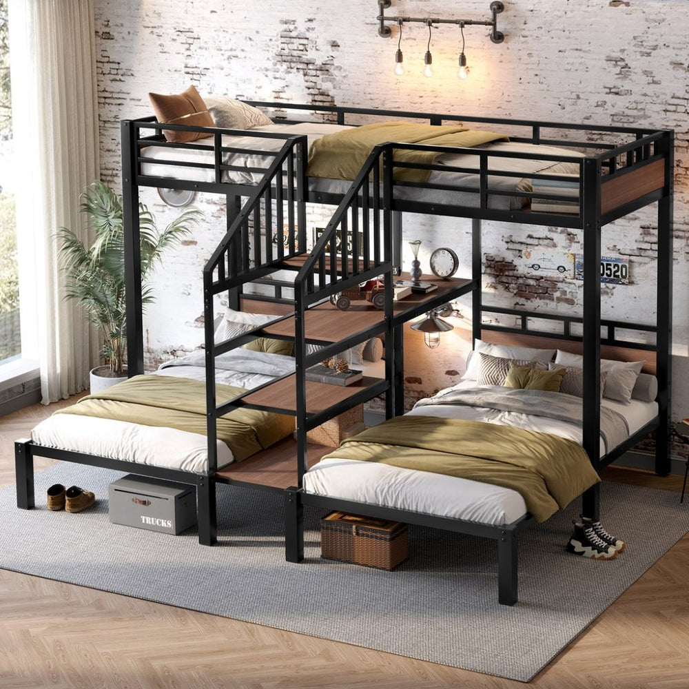 English Elm Twin Triple Bunk Bed Black Metal Frame with Built-in Storage Stairs and Shelves W1580S00619