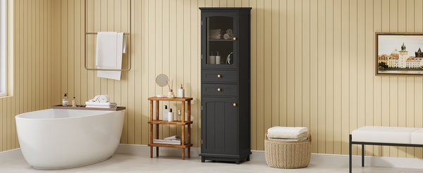 English Elm 63" Tall Bathroom Vanity Cabinet with Glass Doors, Two Drawers and Adjustable Shelves for Stylish Storage Black N729P171305B