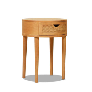 English Elm Jennifer Taylor Home - Cabana Natural Brown Oak 18" Round Cane Rattan Storage Side Table with Drawer & Wood Finish B2719P238487