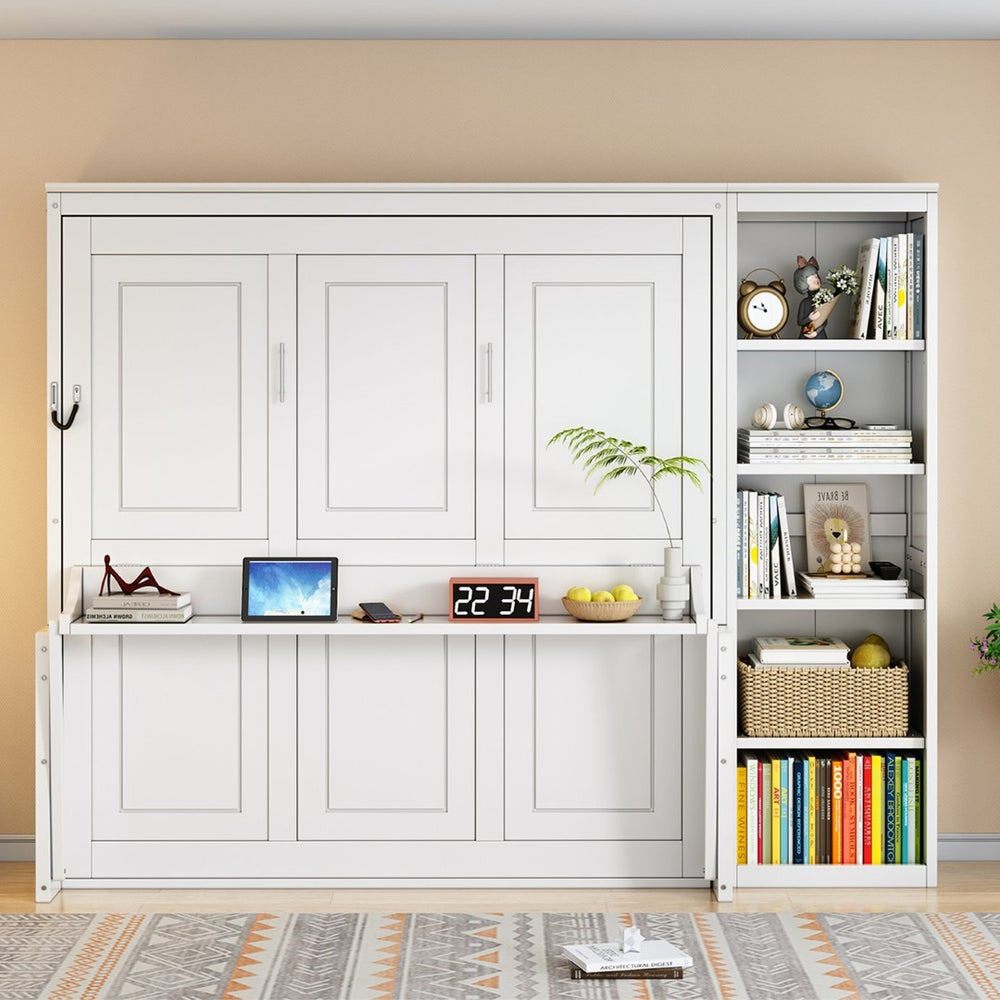 English Elm Queen Size Murphy Bed With Integrated Desk & Bookshelf - Space-Saving Elegance For Modern Living N7090004016K-GIGA