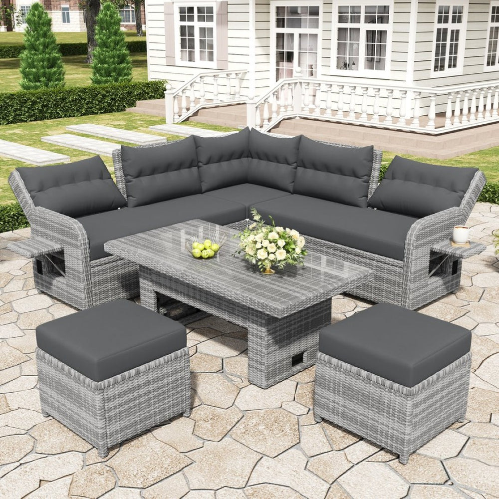 English Elm Outdoor Furniture Set: Modern Rattan Patio Set With Adjustable Recliners, Glass Tables & Ottomans N719Z000120E-GIGA