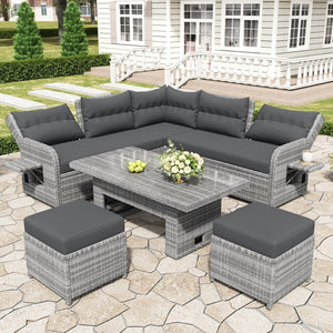 English Elm Outdoor Furniture Set: Modern Rattan Patio Set With Adjustable Recliners, Glass Tables & Ottomans N719Z000120E-GIGA