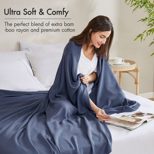 JLA Home Madison Park - Rayon Diamond Jacquard Bamboo Cotton Blanket — Silky Breathable Weave, Durable Pilling-Resistant Giftable Navy AM51-0523
